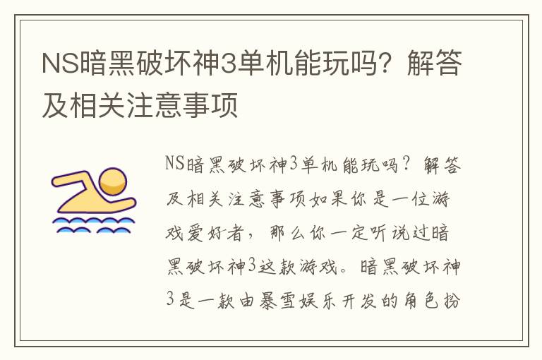 NS暗黑破壞神3單機能玩嗎？解答及相關注意事項